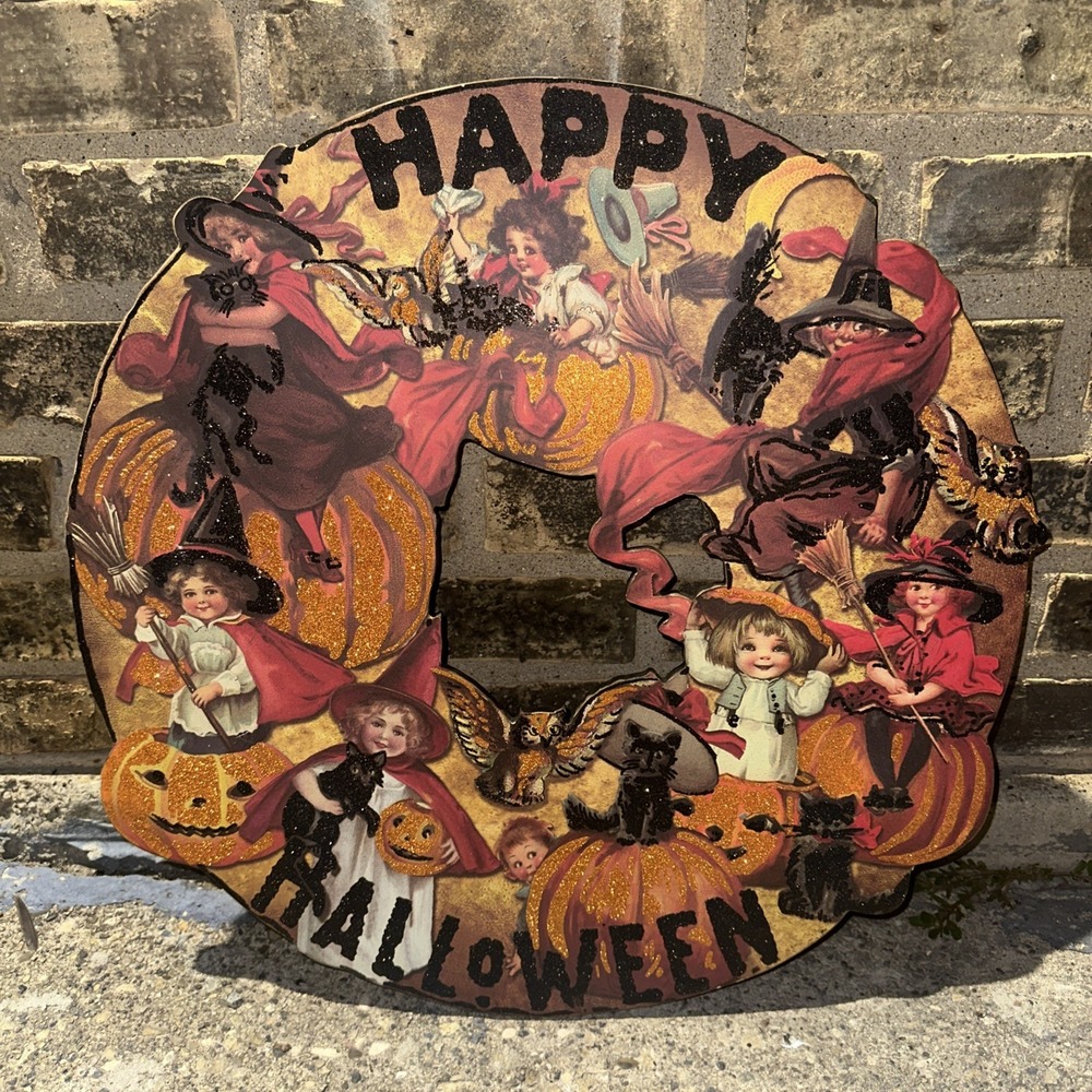 Designs by Kathy Halloween  Wooden Wreath Victorian Style Cats & Kid Witches 21"